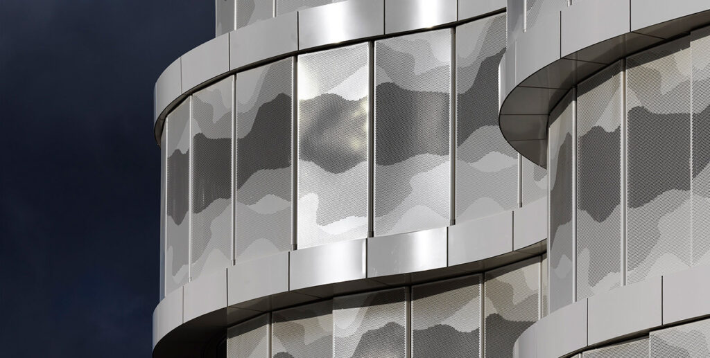 Completed facade project with perforated metal panels fabricated by CASA Group on the Cloud, Barangaroo South